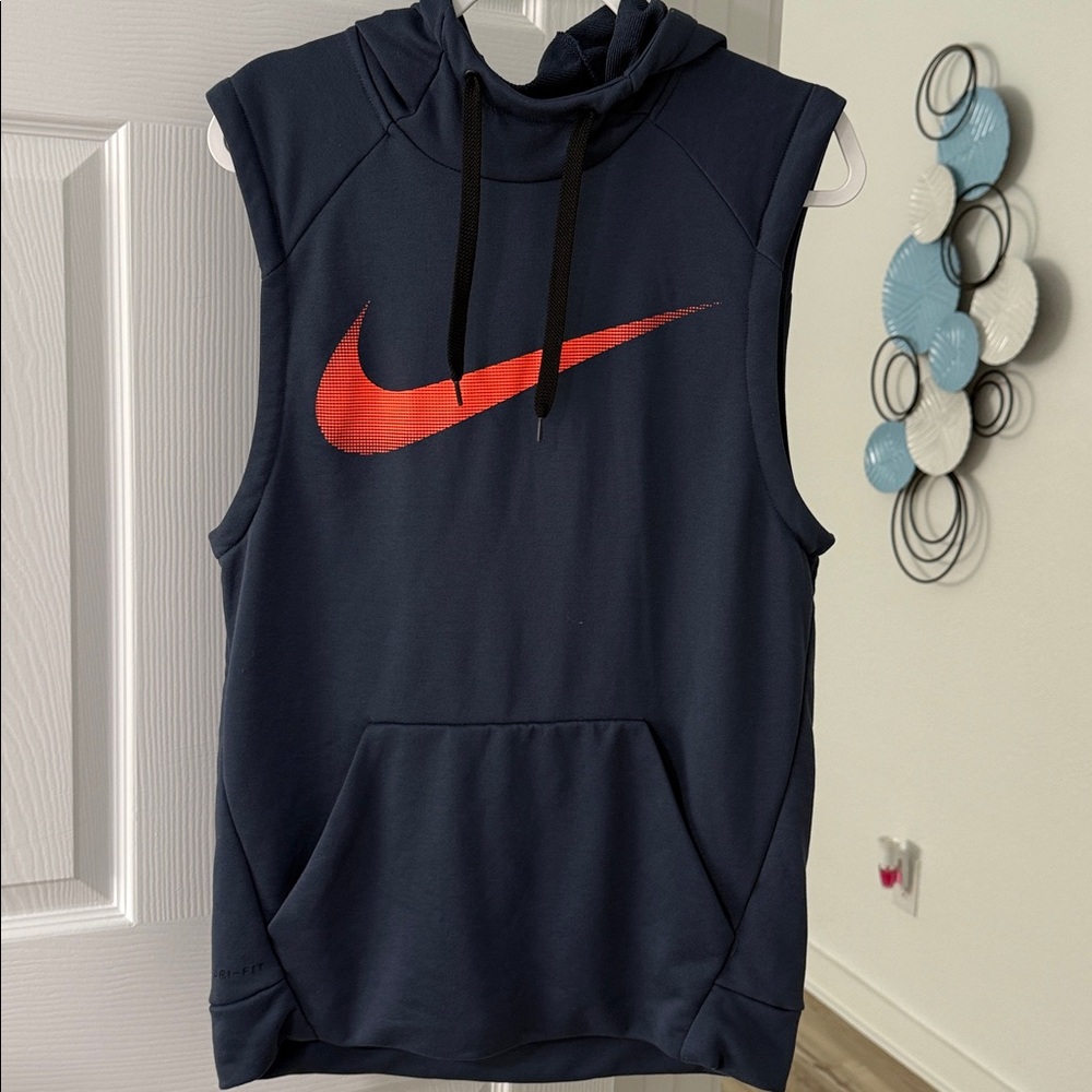 Nike Dark Blue Sleeveless Hoodie with Bright Red Logo